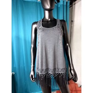 Skylar + Jade Black Crochet Fringe Tank Top Sleeveless Festival Boho‎ Women's L